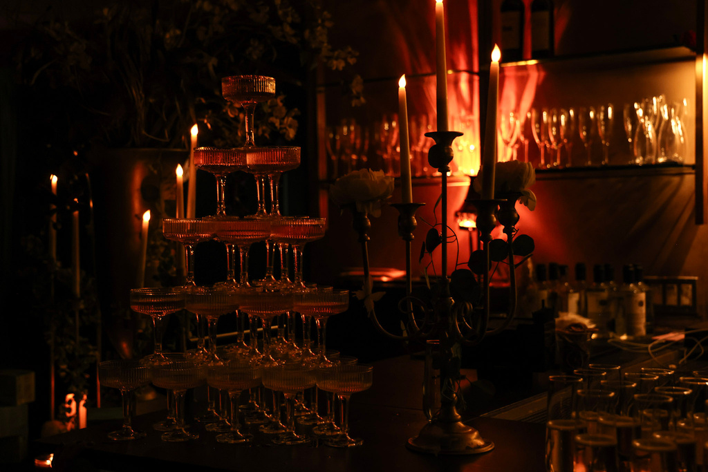 Candlelit rosé tower at DEJAVU NY